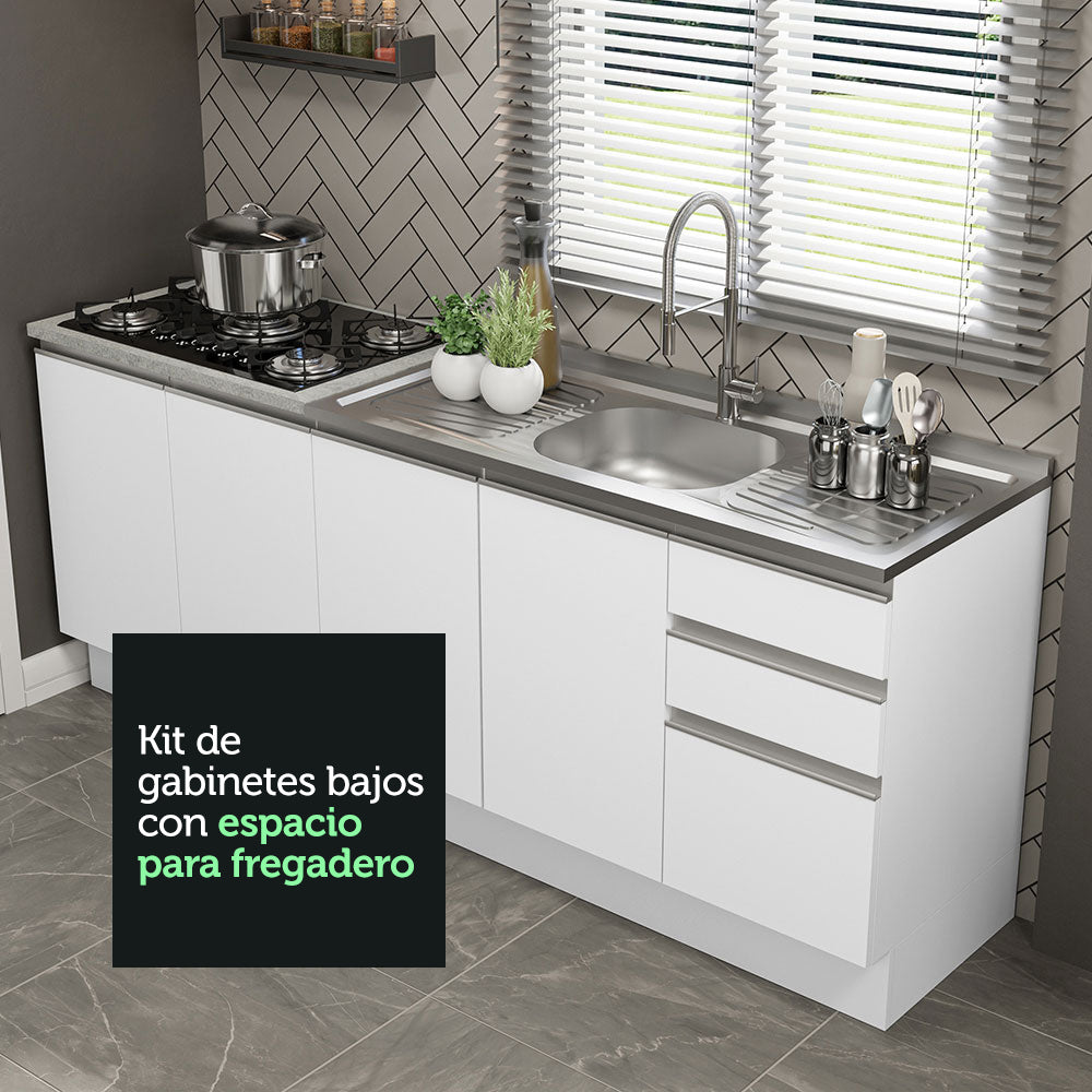 Kit 2 Muebles de Cocina Bajo Glamy 200 cm con Mesón de Acero Blanco Madesa