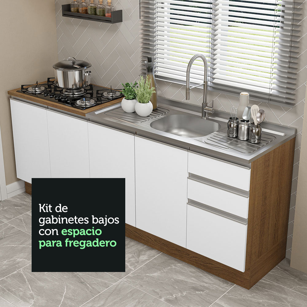 Kit 2 Muebles de Cocina Bajo Glamy 2.00 m con Mesón de Acero Marrón/Blanco
