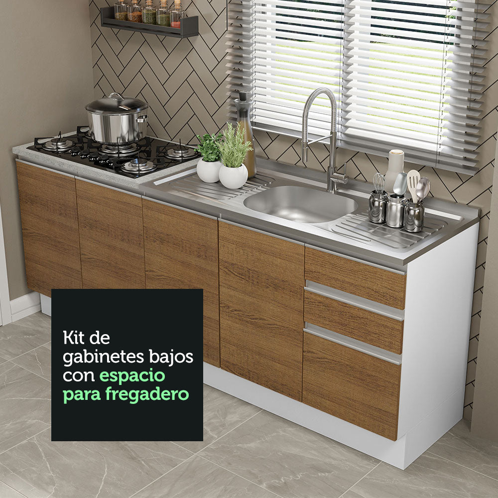 Kit 2 Muebles de Cocina Bajo Glamy 2.00 m con Mesón de Acero Blanco/Marrón