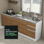 Kit 2 Muebles de Cocina Bajo Glamy 2.00 m con Mesón de Acero Blanco/Marrón