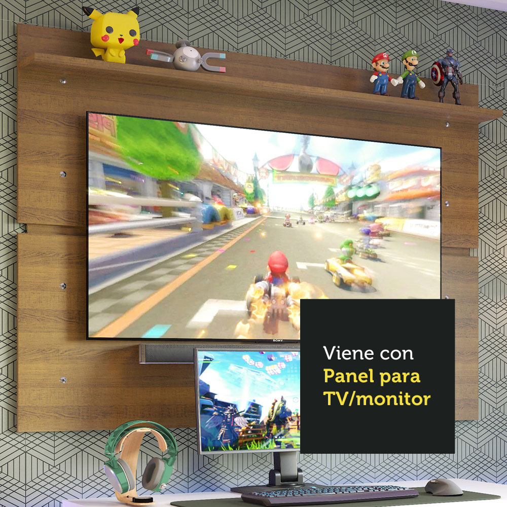 Escritorio Gamer 136 cm Moderno + Panel para TV Hasta 65 Pulgadas Blanco/Marrón Madesa