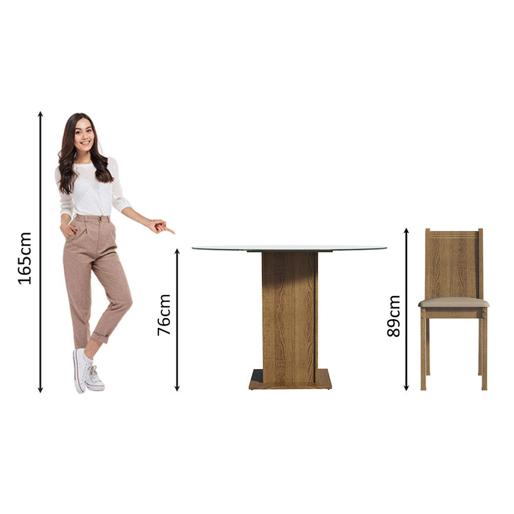 Juego de Comedor Paula con 4 Sillas - Encimera Redonda de Cristal Marrón/Beige