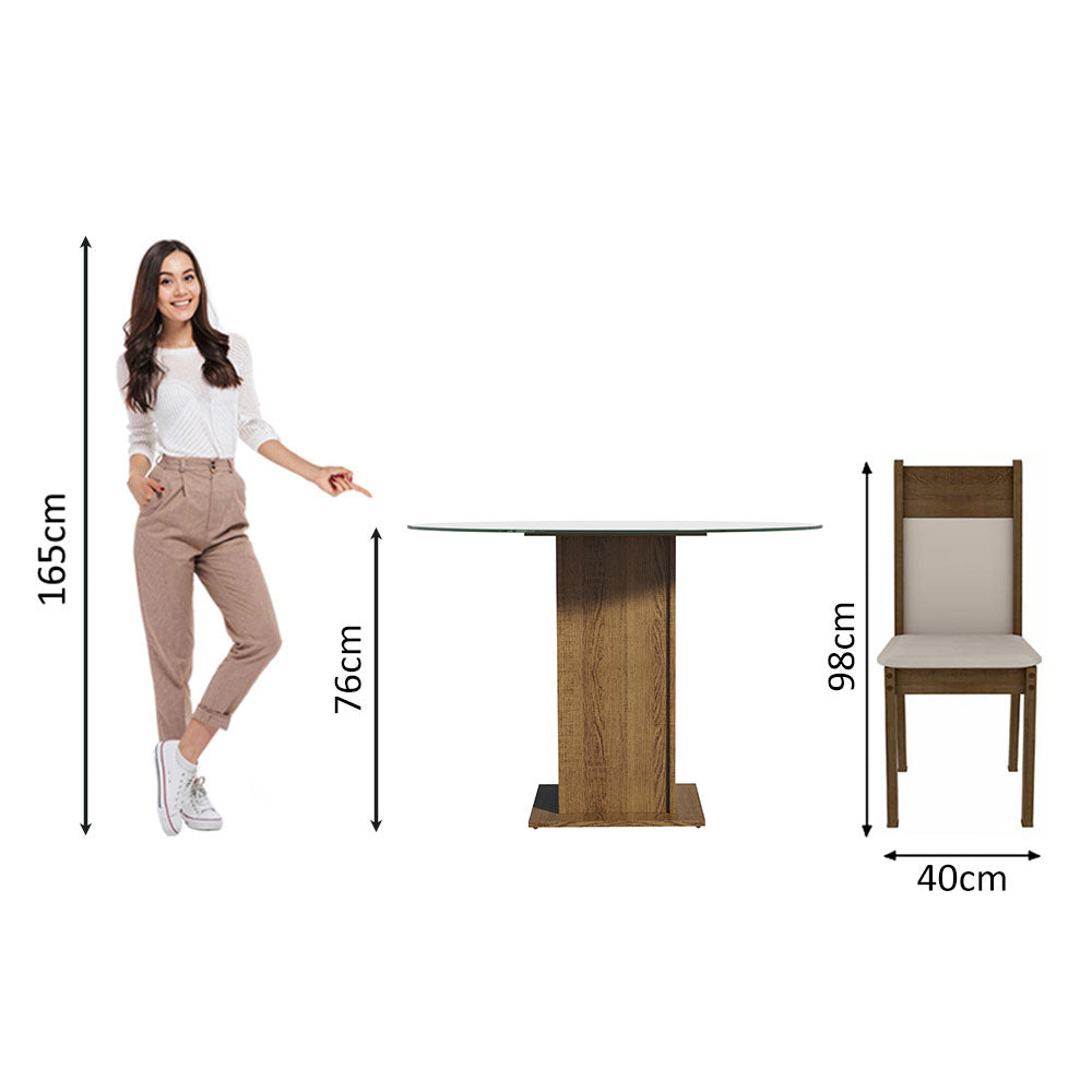 Juego de Comedor Ana con 4 Sillas - Encimera Redonda de Cristal Marrón/Beige