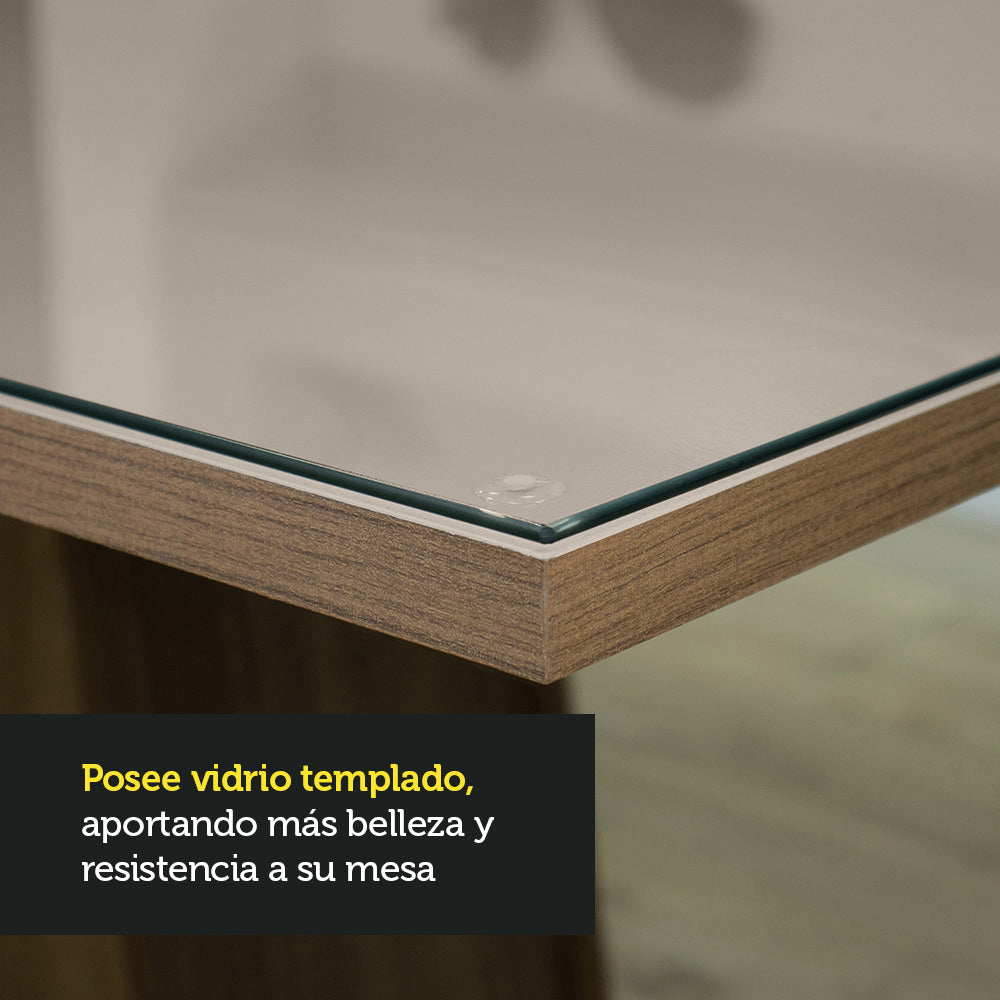 Juego de Comedor Greta con 4 Sillas - Tablero de Madera y Cubierta de Cristal Crema/Marrón/Beige