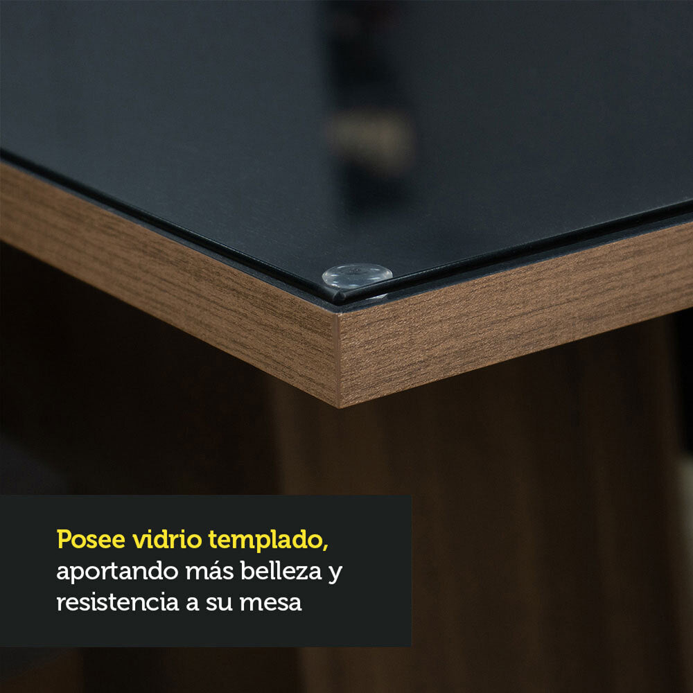 Juego de Comedor Greta con 4 Sillas - Tablero de Madera y Cubierta de Vidrio Negro/Marrón
