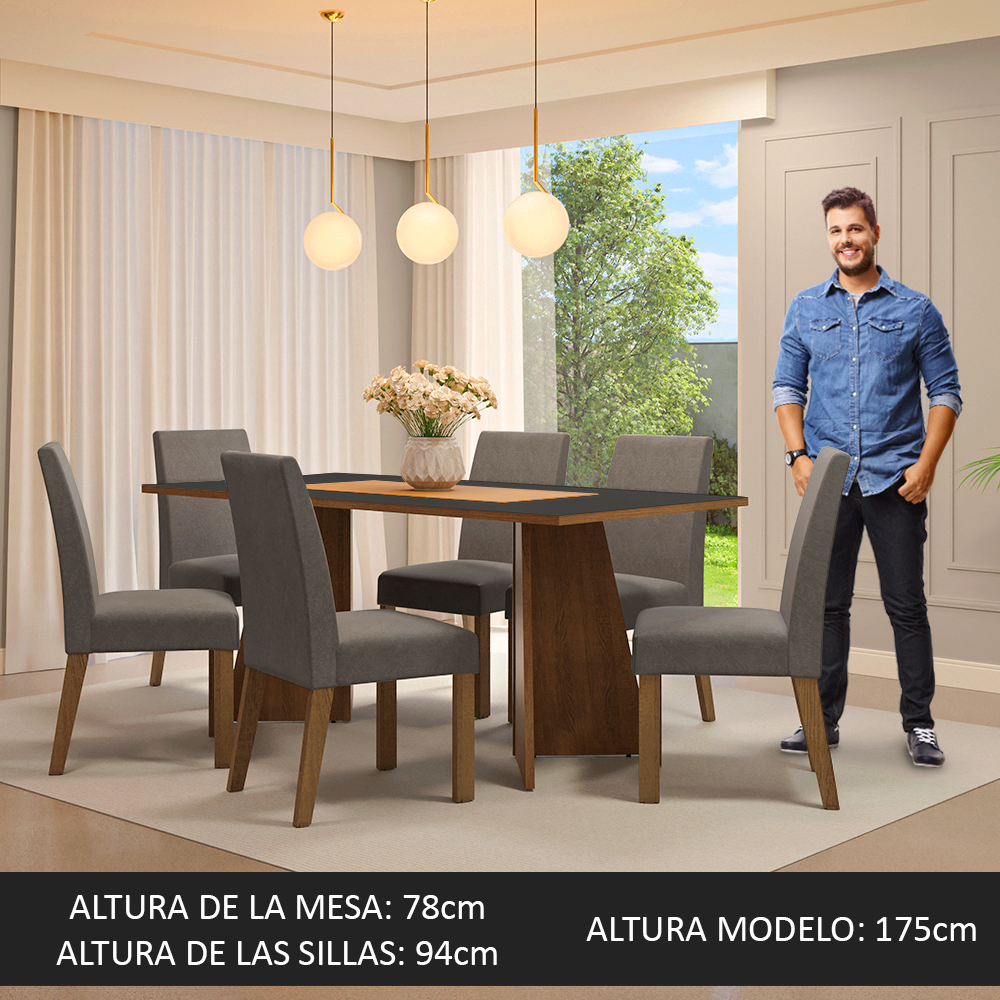 Juego de Comedor Simone con 6 Sillas Marrón/Negro/Plateado