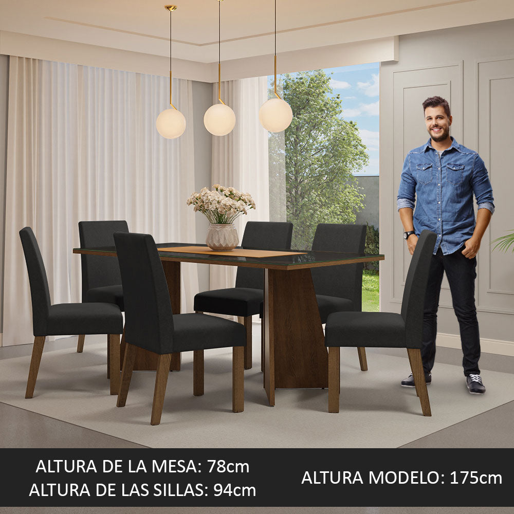 Juego de Comedor Valerie con 6 Sillas - Tablero de Madera y Cristal Marrón/Negro/Oxford