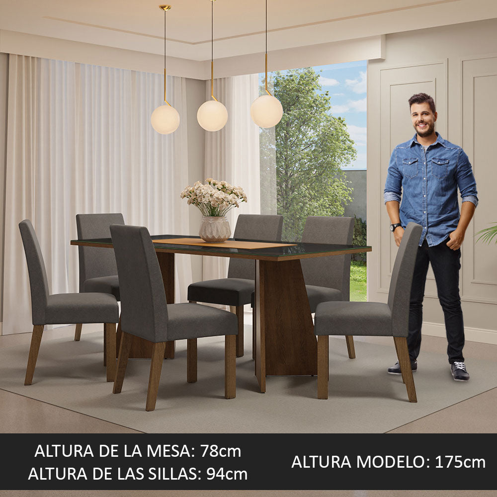 Juego de Comedor Valerie con 6 Sillas - Tablero de Madera y Cristal Marrón/Negro/Plateado