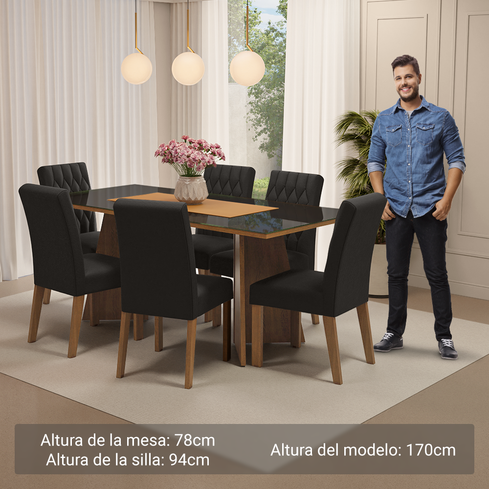 Juego de Comedor Marissa con 6 Sillas - Tablero de Madera y Cristal Marrón/Negro/Oxford