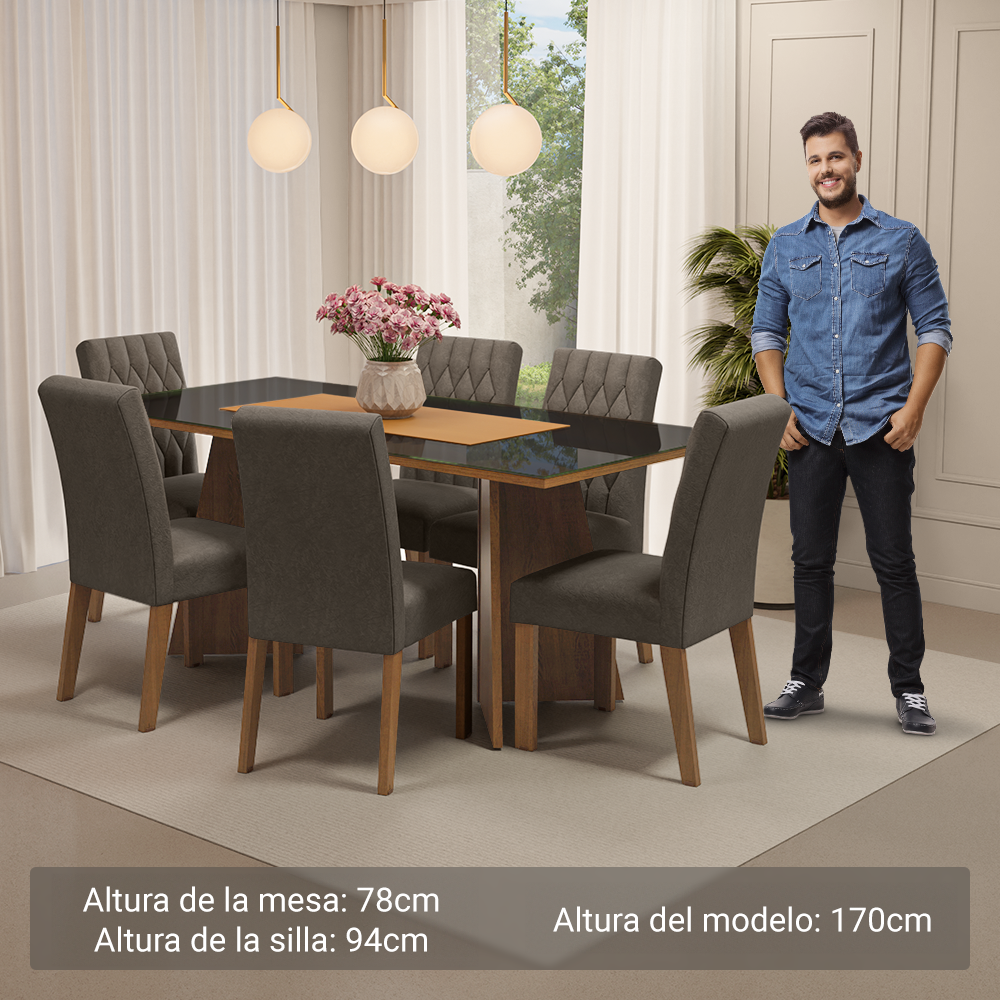 Juego de Comedor Marissa con 6 Sillas - Tablero de Madera y Cristal Marrón/Negro/Plateado