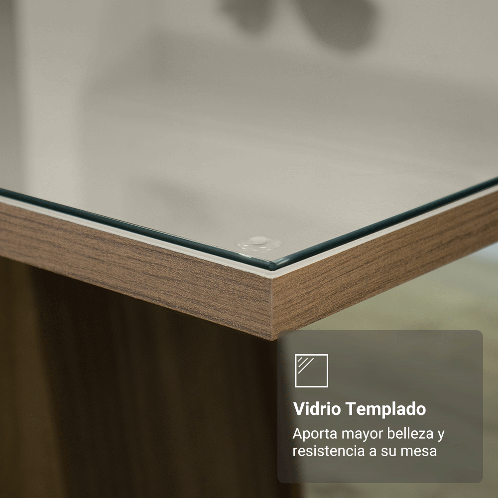 Juego de Comedor Madrid con 6 Sillas - Tablero de Madera y Cristal Marrón/Crema/Imperial
