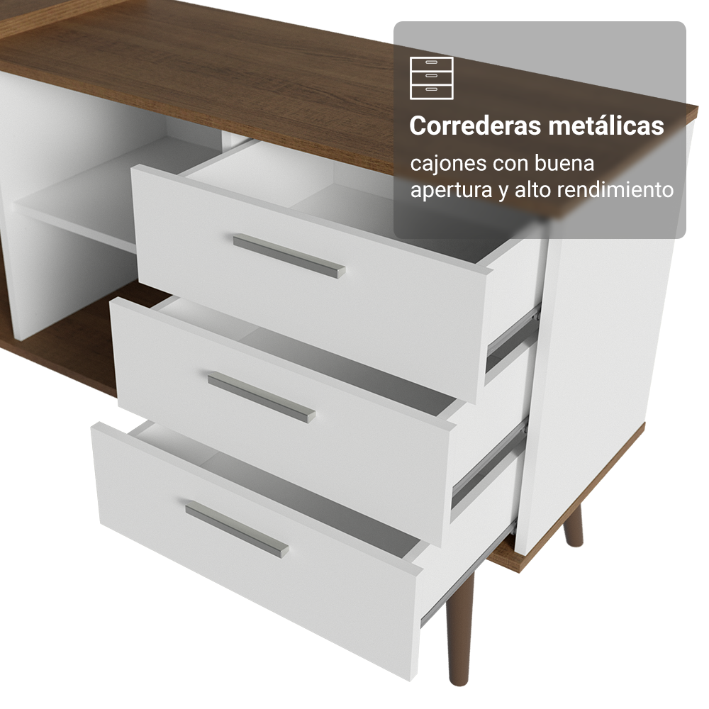 Escritorio Mesa de Oficina de Esquina Lisboa con 3 Cajones Patas y Nichos Blanco/Marrón