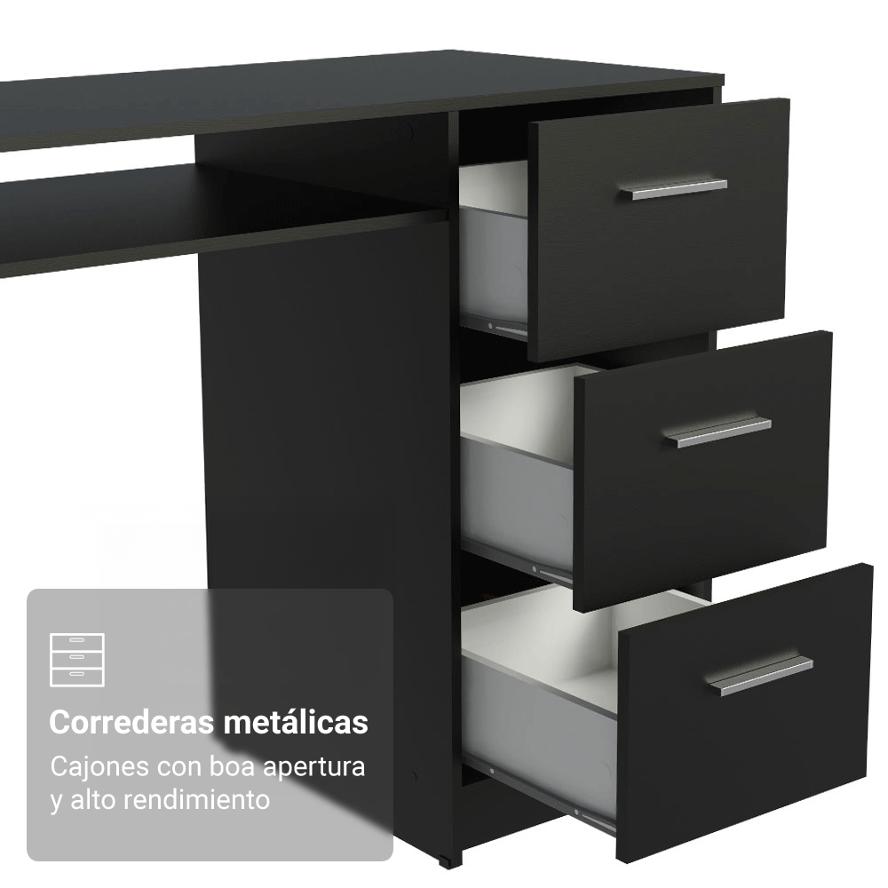 Escritorio de Oficina 136 cm Alaska 1 Puerta 3 Cajones Negro Madesa