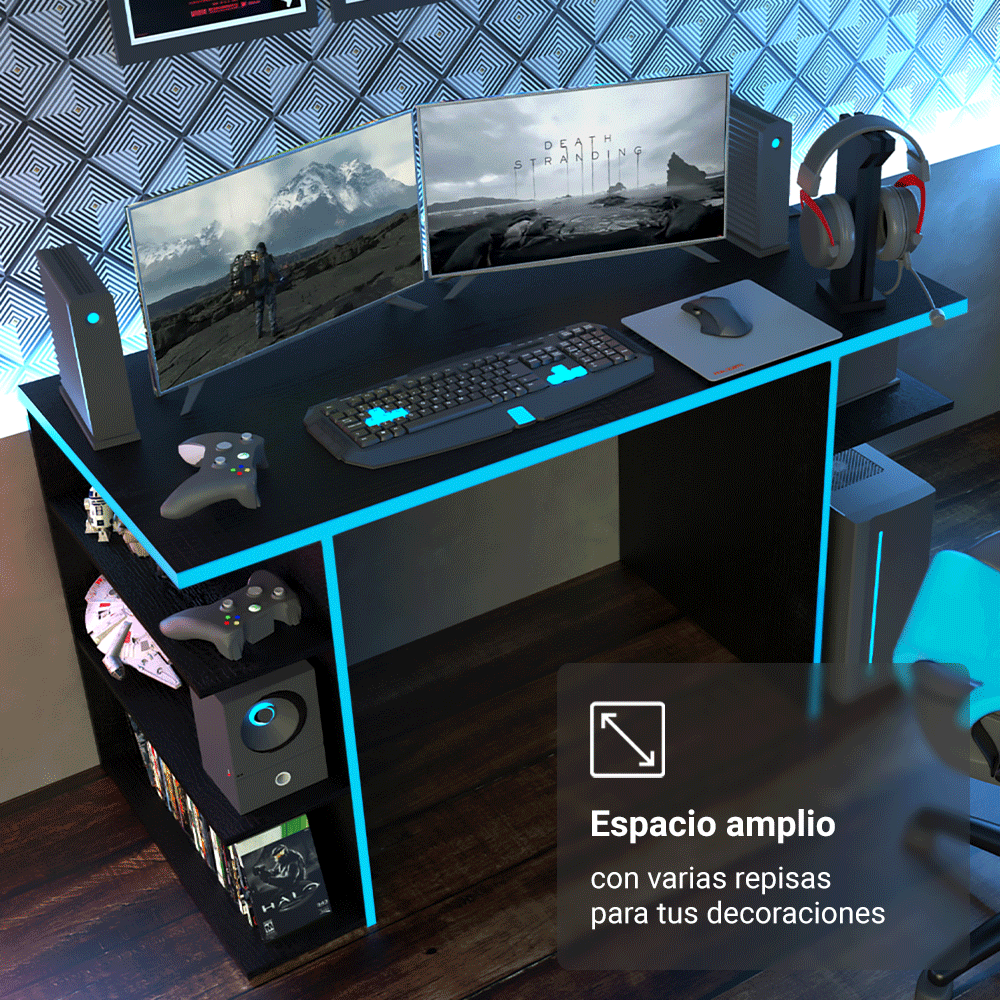 Escritorio Gamer Moderno para PC y Consola NegroAzul
