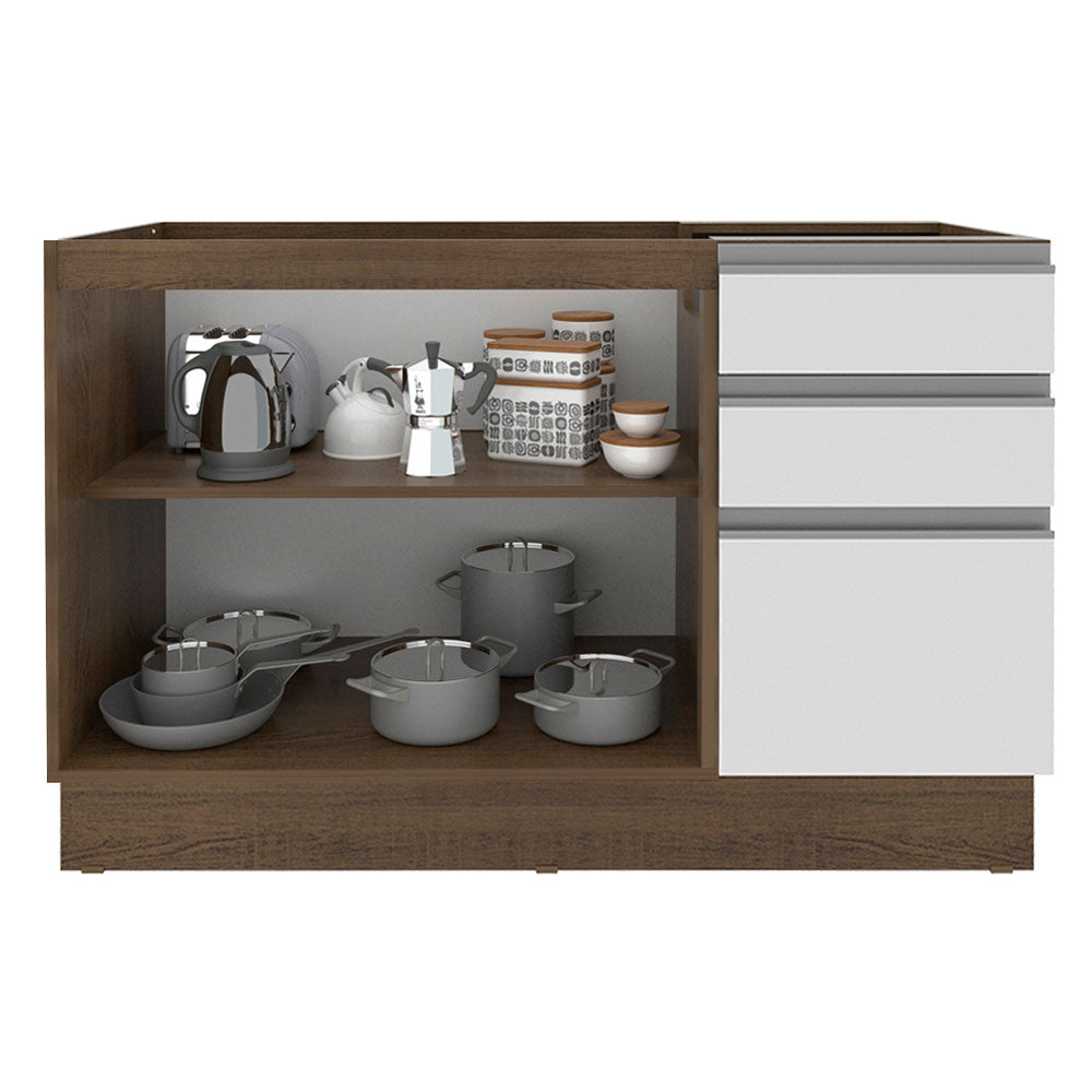 Mueble de Cocina Bajo Glamy 1.20 m 2 Puertas 3 Cajones Marrón/Blanco
