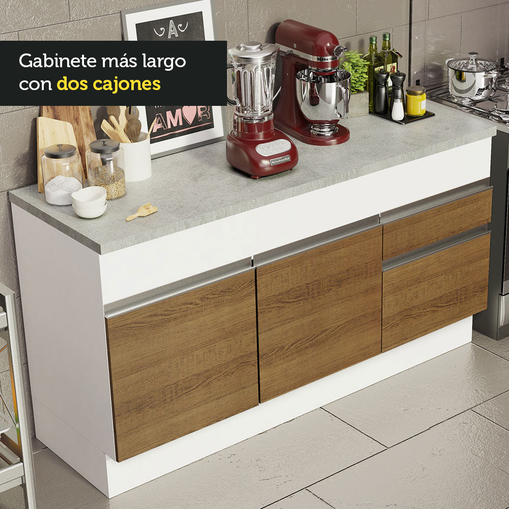 Mueble de Cocina Bajo Glamy 1.50 m 2 Puertas 2 Cajones con Encimera Blanco/Marrón