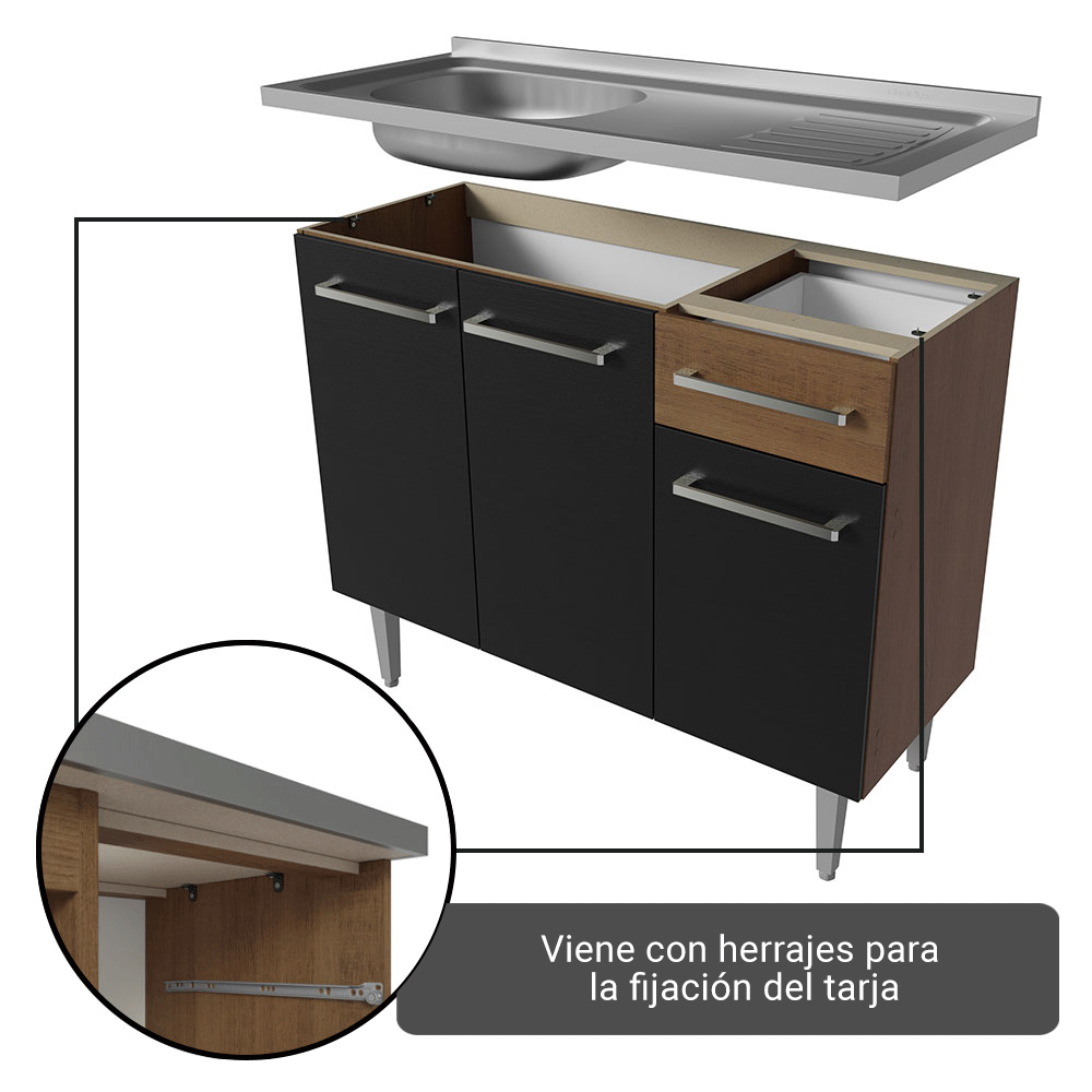 Cocina Integral Emilly 2.90 m con Mesón de Acero Marrón/Negro 09