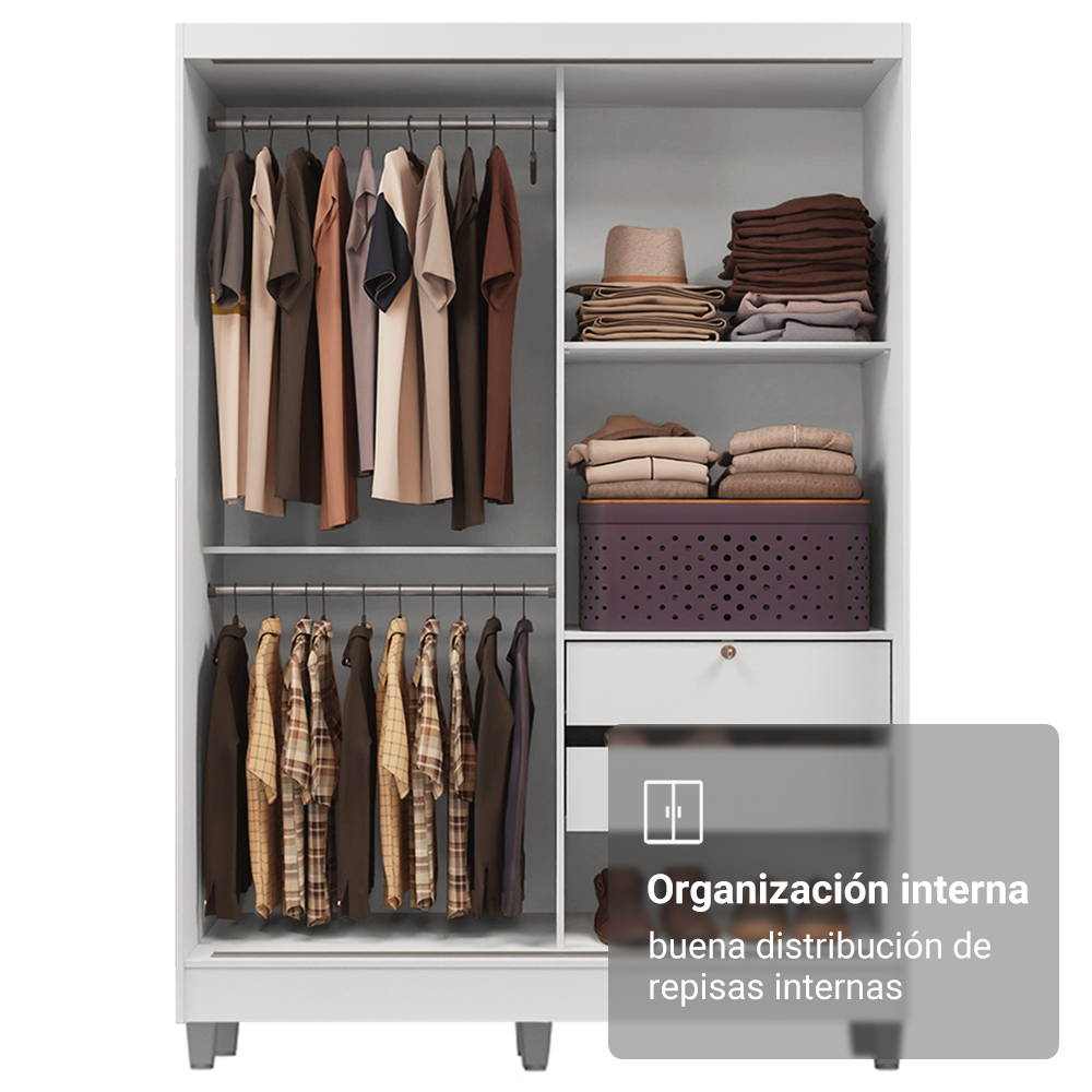 Clóset Luke con Patas 2 Puertas Corredizas 2 Cajones Blanco 192 cm x 120 cm x 53 cm
