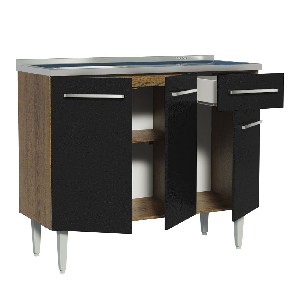 Mueble de Cocina Bajo Emilly 1.05 m con Mesón de Acero Marrón/Negro