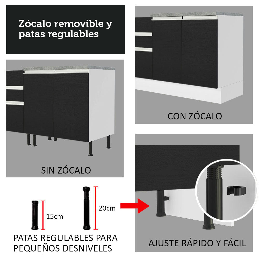 Mueble de Cocina Bajo Glamy 1.20 m 2 Puertas con Encimera Blanco/Negro