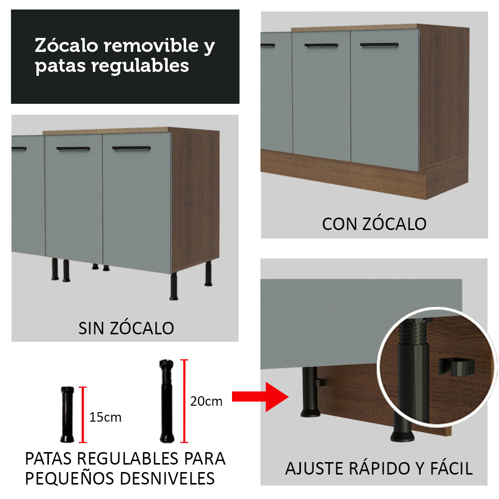 Mueble de Cocina Bajo Agata 1.20 m 2 Puertas 3 Cajones Marrón/Gris