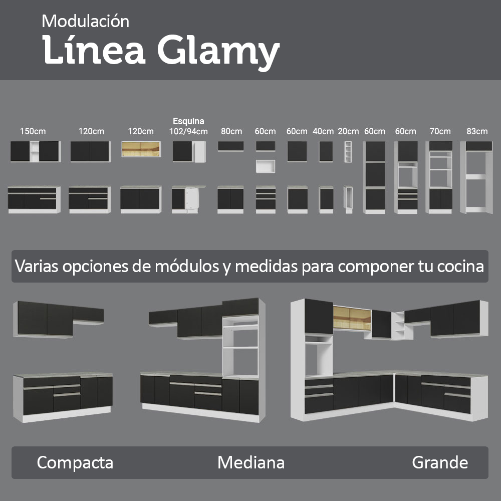 Mueble de Cocina Bajo de Esquina Glamy 1 Puerta Blanco/Negro