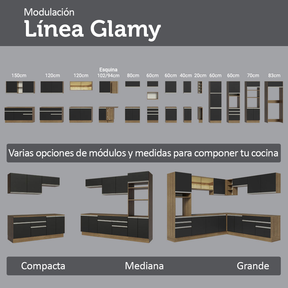 Mueble de Cocina Bajo de Esquina Glamy 1 Puerta Marrón/Negro