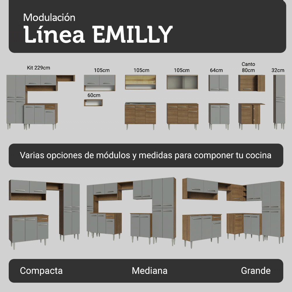 Cocina Integral de Esquina Emilly 4.20 m Marrón/Gris/Marrón 02