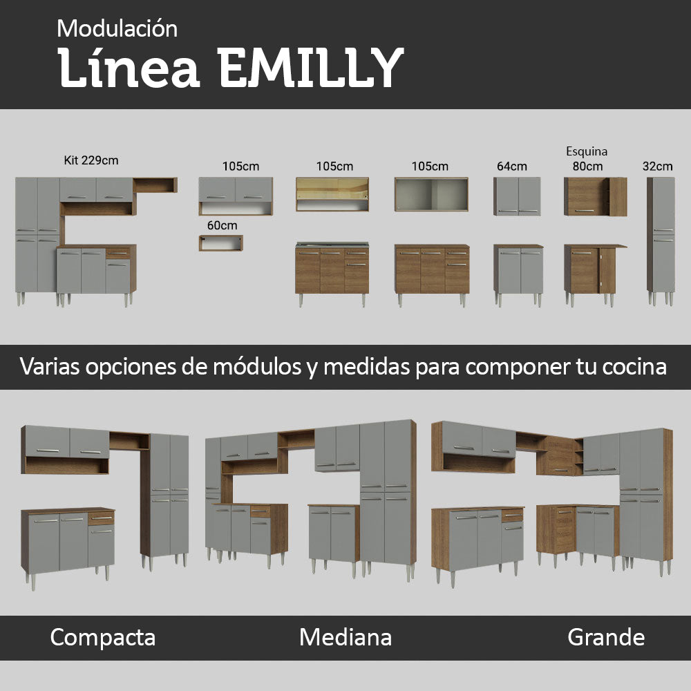 Cocina Integral Compacta Emilly 1.05 m con Mesón de Acero Marrón/Gris 04