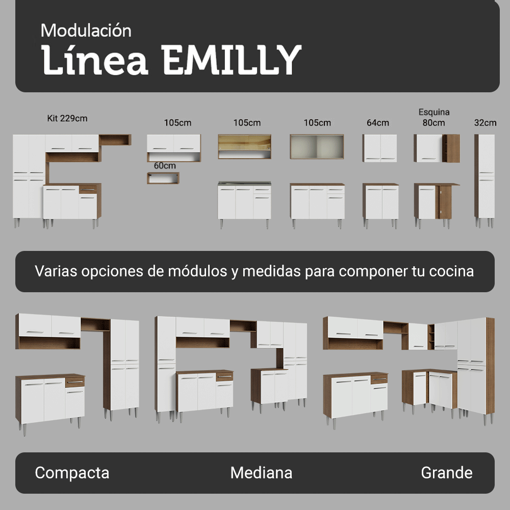 Cocina Integral Emilly Pop 2.30 Metros Marrón/Blanco