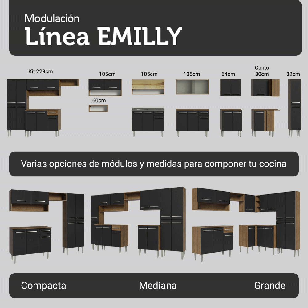 Cocina Integral Emilly 3.25 Metros Marrón/Negro 02