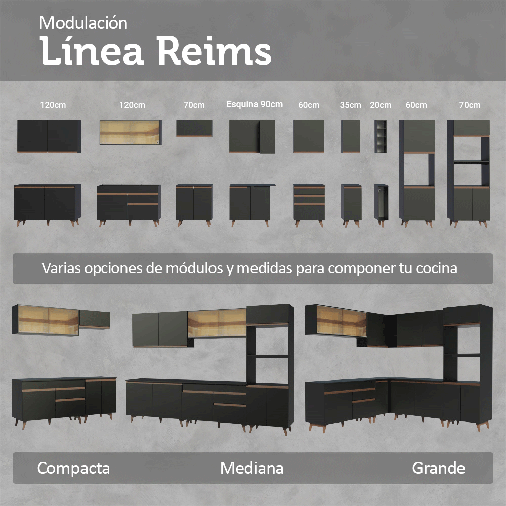Kit 3 Muebles de Cocina Bajos Reims 2.40 m con Encimera Negro