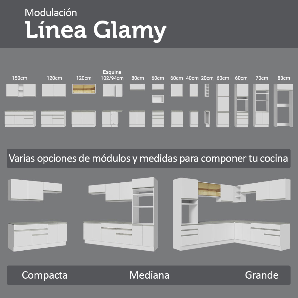 Mueble de Cocina Bajo Glamy 1.20 m 2 Puertas 3 Cajones Blanco