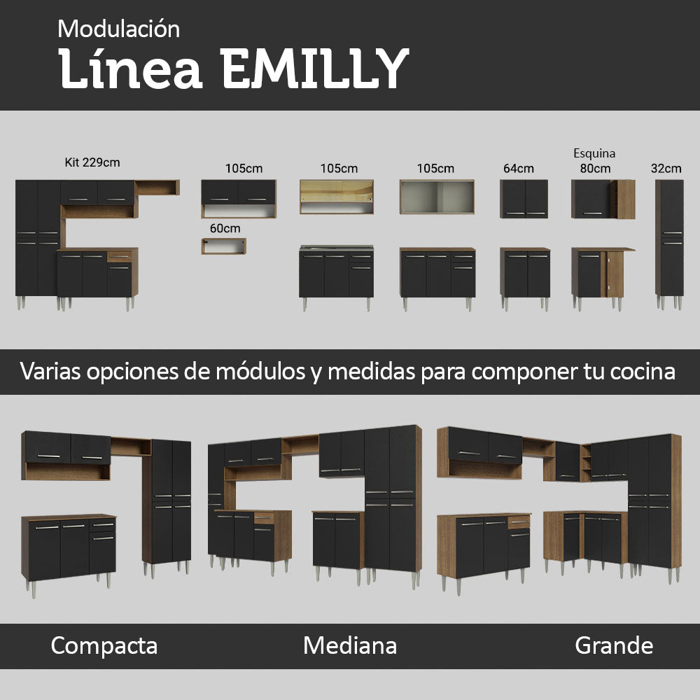 Cocina Integral Emilly 2.90 m con Mesón de Acero Marrón/Negro 08