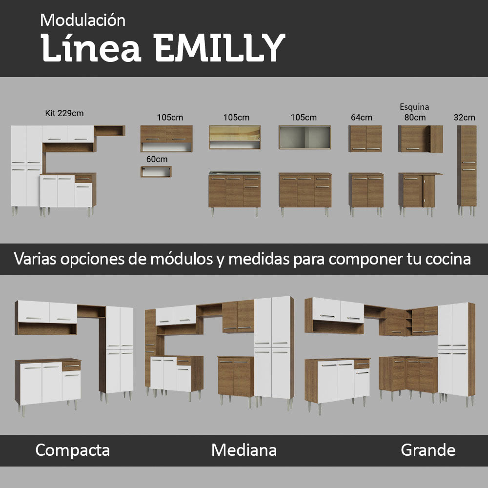 Cocina Integral Emilly 2.90 m con Mesón de Acero Marrón/Blanco 08