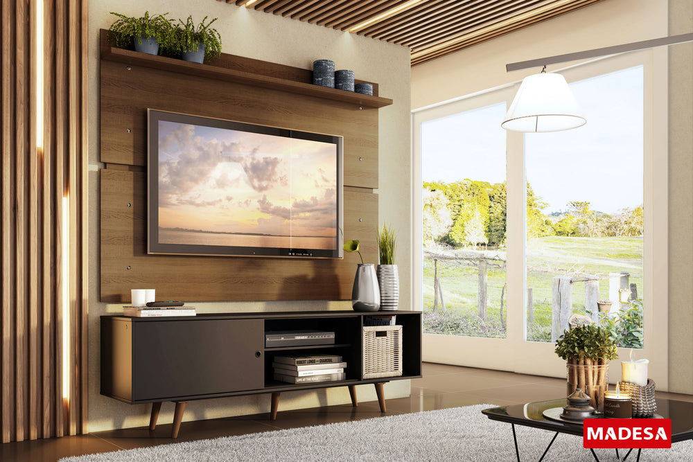 Centro de Entretenimiento para TV Dubai Mesa y Panel Hasta 65 Pulgadas Negro/Marrón (Patas Marrón)