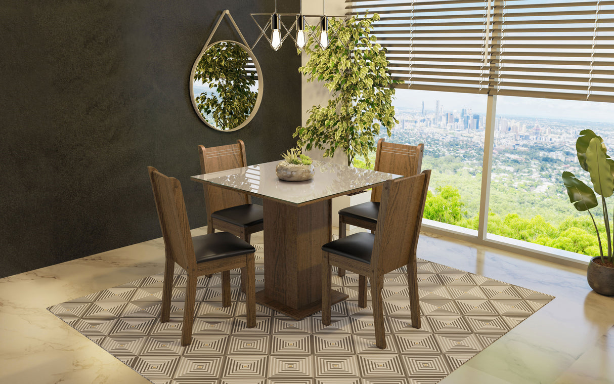 Juego de Comedor Perla con 4 Sillas - Tablero de Madera y Cristal