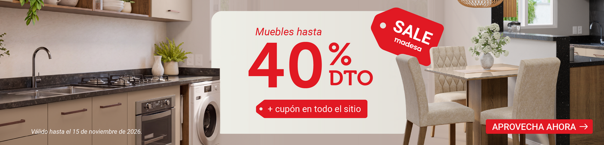 Cocina y comedor Madesa. Sale: muebles con hasta 40% de descuento + cupón en todo el sitio. Válido hasta el 15/11/2026.