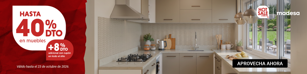 Cocina crema Madesa. Hot Sale: hasta 40% de descuento en muebles y 8% adicional con cupón. Válido hasta el 23/10/2026.