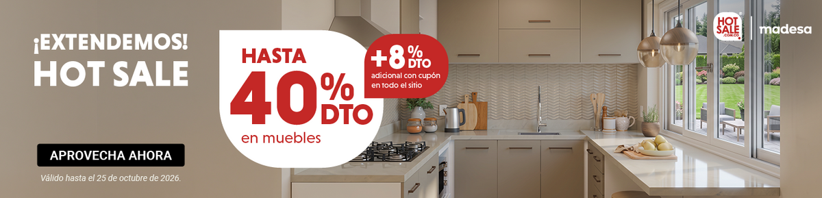 Cocina crema Madesa. ¡Hot Sale extendido! Hasta 40% de descuento en muebles y 8% extra con cupón. Válido hasta el 25/10/2026.