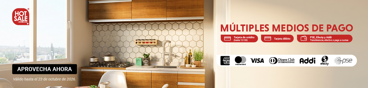 Cocina marrón Madesa. Hot Sale: tarjetas de débito y crédito, hasta 12 CSI, PSE, Efecty y Addi. Válido hasta el 23/10/2026.